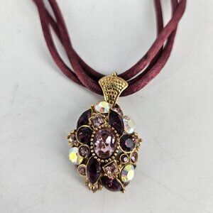 Purple Rhinestone Pendant Necklace Gold Tone Multi Strand Cord Aurora Borealis